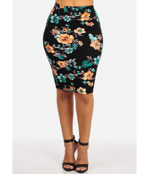 Imbracaminte Femei CheapChic High Waisted Slim Fit Stretchy Floral Print Rib Black Green Casual Skirt Multicolor pret