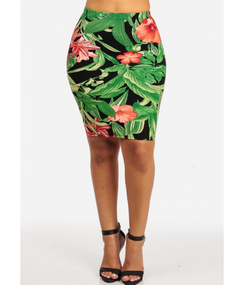 Imbracaminte Femei CheapChic High Waisted Slim Fit Stretchy Floral Print Rib Green Casual Skirt Multicolor pret