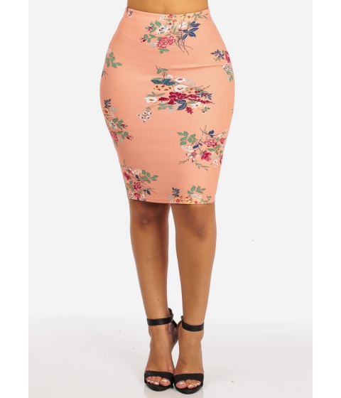 Image of Imbracaminte Femei CheapChic PLUS SIZE High Waisted Slim Fit Stretchy Floral Print Mauve Casual Pencil Skirt Multicolor