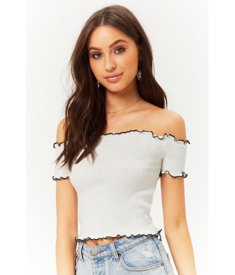 Image of Imbracaminte Femei Forever21 Lettuce-Edge Off-the-Shoulder Crop Top IVORY