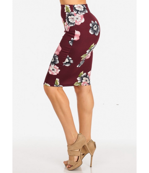 Image of Imbracaminte Femei CheapChic Burgundy Floral Knee Length Stretchy Pencil Skirt Multicolor