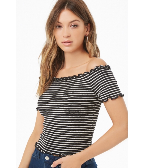 Image of Imbracaminte Femei Forever21 Smocked Off-the-Shoulder Crop Top BLACKWHITE