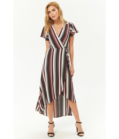 Image of Imbracaminte Femei Forever21 Crepe Striped High-Low Wrap Dress BERRYBLACK