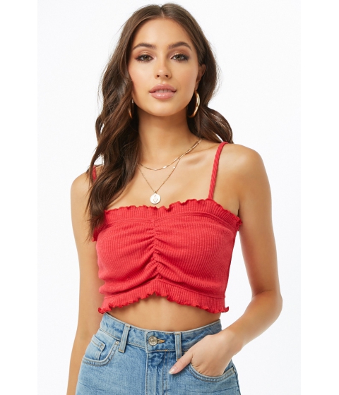 Image of Imbracaminte Femei Forever21 Ribbed Knit Lettuce-Edge Crop Cami RED