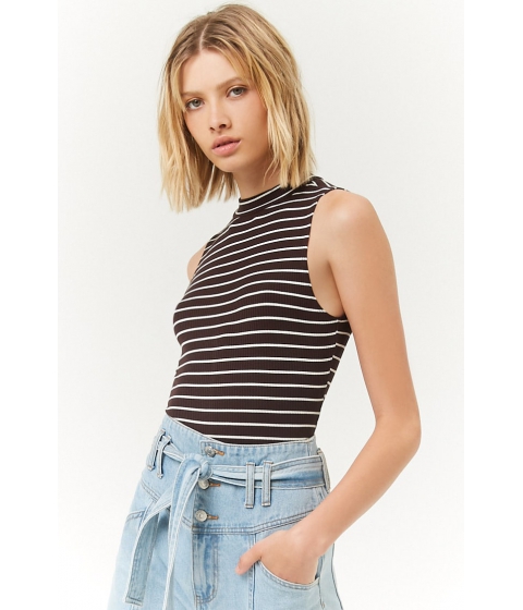 Image of Imbracaminte Femei Forever21 Ribbed Striped Mock Neck Bodysuit BROWNCREAM