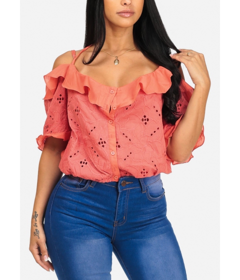 Image of Imbracaminte Femei CheapChic Coral Button Up Cold Shoulder Short Sleeve Crochet Details Top Multicolor