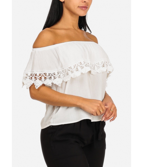 Image of Imbracaminte Femei CheapChic Stylish Off-Shoulder Short Sleeve White Crochet Detail Lightweight Top Multicolor