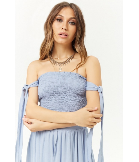 Image of Imbracaminte Femei Forever21 Smocked Off-The-Shoulder Crop Top DUSTY BLUE