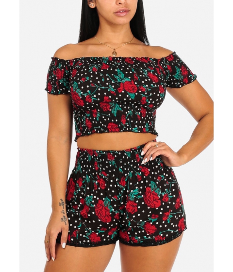 Image of Imbracaminte Femei CheapChic Summer Elastic Detail Black Floral Crop Top With High Waisted Short 2 PCE SET Multicolor