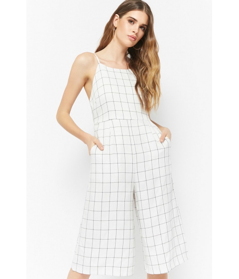 Image of Imbracaminte Femei Forever21 Grid Print Culotte Jumpsuit WHITE