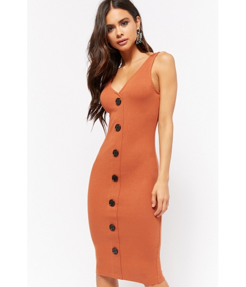 Image of Imbracaminte Femei Forever21 Ribbed Mock Button-Front Dress RUST
