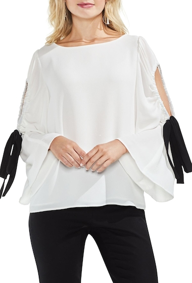 Image of Imbracaminte Femei Vince Camuto Bell Sleeve Contrast Tie Cold Shoulder Top Regular Petite NEW IVORY