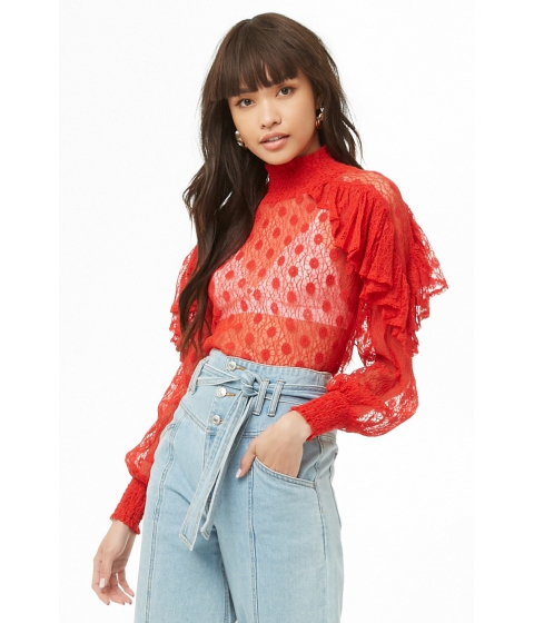 Image of Imbracaminte Femei Forever21 Sheer Ruffle Lace Top RED
