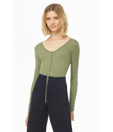 Image of Imbracaminte Femei Forever21 Ribbed Knit Henley Bodysuit OLIVE