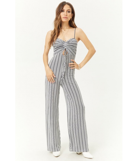 Image of Imbracaminte Femei Forever21 Striped Ruched Jumpsuit NAVYIVORY