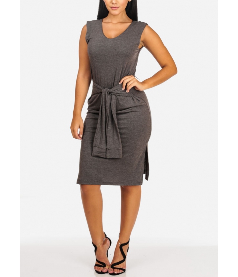 Image of Imbracaminte Femei CheapChic Casual Stylish Sleeveless Round Neck Front Tie Below The Knee Side Slits Grey Dress Multicolor