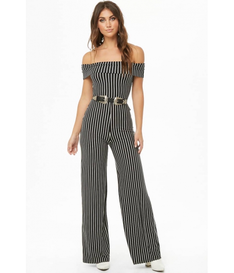 Image of Imbracaminte Femei Forever21 Striped Off-the-Shoulder Jumpsuit BLACKIVORY