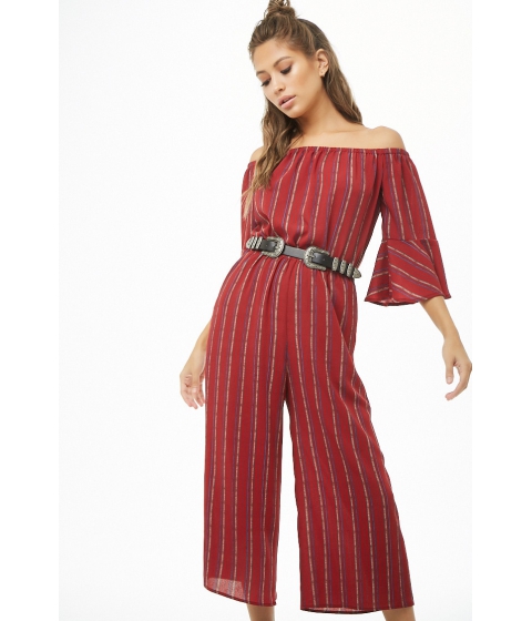 Image of Imbracaminte Femei Forever21 Off-The-Shoulder Striped Jumpsuit BURGUNDYMULTI