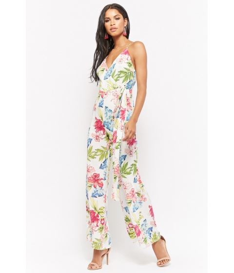 Image of Imbracaminte Femei Forever21 Tropical Floral Print Surplice Jumpsuit WHITE