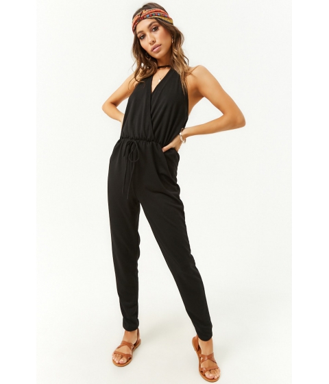 Image of Imbracaminte Femei Forever21 French Terry Surplice Cutout Halter Jumpsuit BLACK