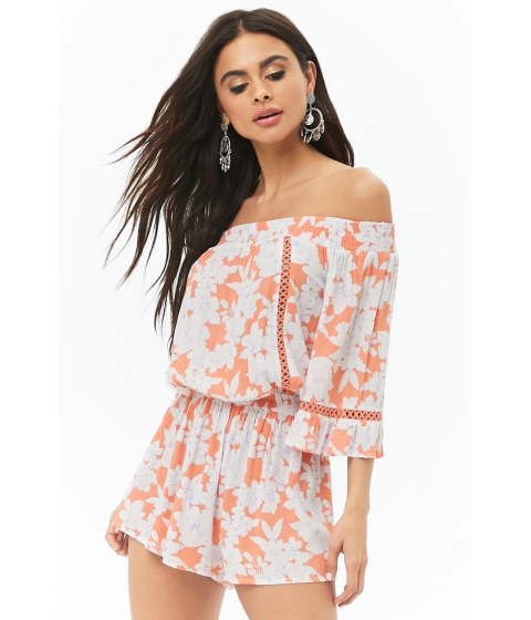 Image of Imbracaminte Femei Forever21 Off-the-Shoulder Geo Trim Floral Romper CORALLAVENDER