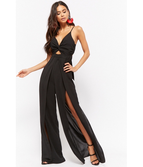 Image of Imbracaminte Femei Forever21 Crinkled Twist-Front Cutout Overlay Jumpsuit BLACK