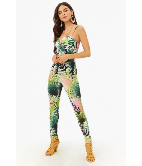 Image of Imbracaminte Femei Forever21 Tropical Leaf Print V-Wire Jumpsuit IVORYMULTI