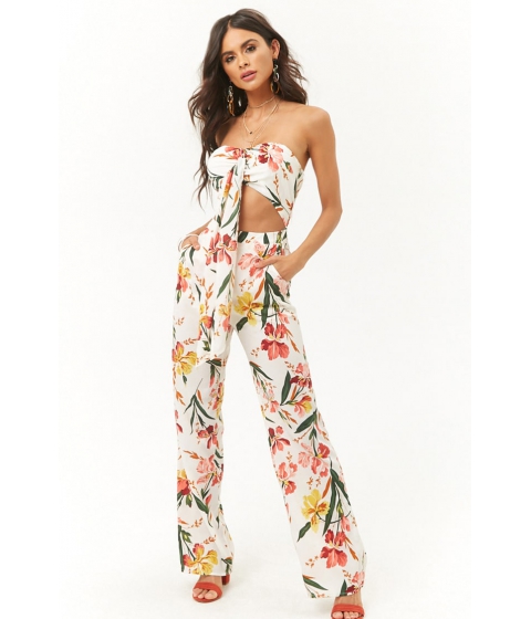 Image of Imbracaminte Femei Forever21 Tropical Floral Cutout Jumpsuit WHITE