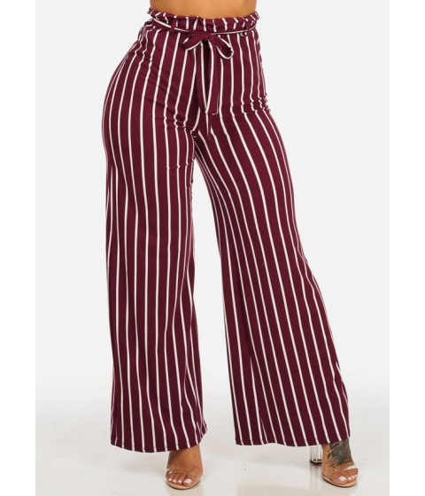 Image of Imbracaminte Femei CheapChic High Waisted Striped Burgundy Wide Leg Pants with Belt Multicolor