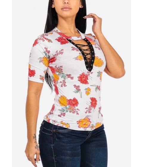 Image of Imbracaminte Femei CheapChic Floral Short Sleeve Crisscross Details Casual Ivory Top Multicolor
