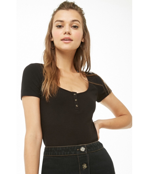 Image of Imbracaminte Femei Forever21 Ribbed Knit Henley Top BLACK