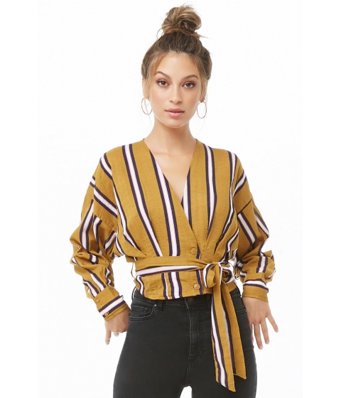 Image of Imbracaminte Femei Forever21 Striped Double-Breasted Crop Top MUSTARD