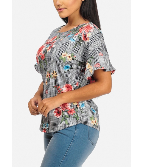 Image of Imbracaminte Femei CheapChic Stylish Short Sleeve Round Neckline Stretchy Floral And Plaid Print Top Multicolor