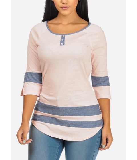 Image of Imbracaminte Femei CheapChic Casual Cotton 34 Stripe Trim Slit Sleeve Round Neck Basic Pink Top Multicolor