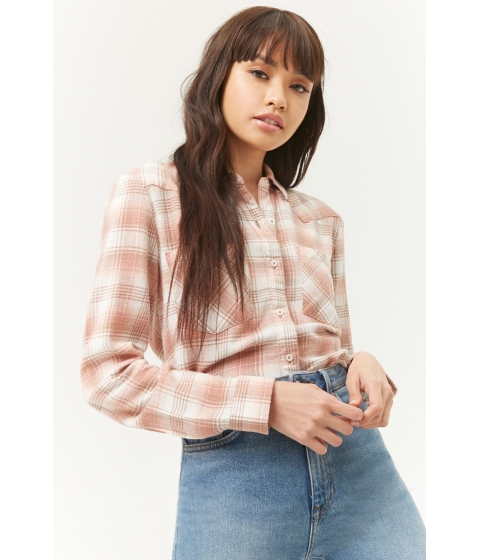 Image of Imbracaminte Femei Forever21 Western-Inspired Flannel Plaid Shirt TANCREAM