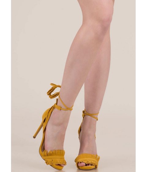 Incaltaminte femei cheapchic fringe and tassels lace-up heels mustard