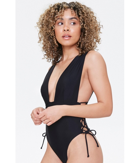 Imbracaminte femei forever21 plunging lace-up one-piece swimsuit black