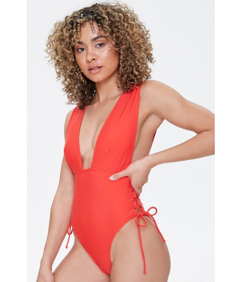 Imbracaminte femei forever21 plunging lace-up one-piece swimsuit red