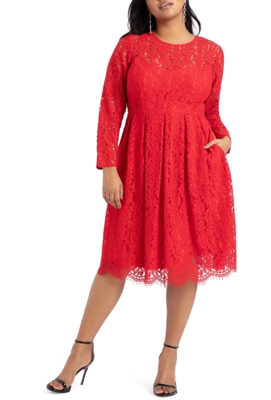 Imbracaminte femei eloquii lace long sleeve fit flare cotton blend dress tango red