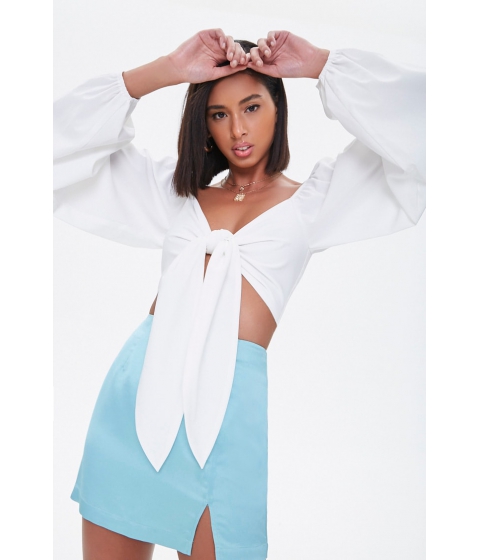 Imbracaminte femei forever21 knotted balloon sleeve crop top white