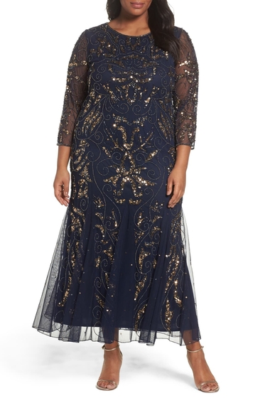 Imbracaminte femei pisarro nights embellished three quarter sleeve gown plus size navygold