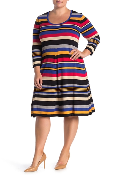 Imbracaminte femei maree pour toi striped 34 sleeve fit flare dress plus size redblue