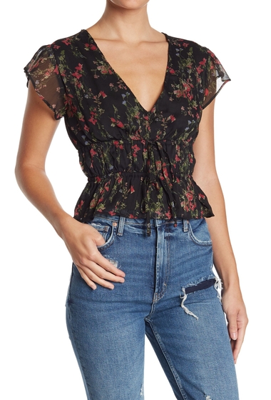 Imbracaminte femei abound v-neck flutter sleeve floral print ruched top black dried flowers
