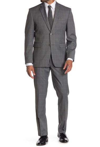 Imbracaminte barbati perry ellis grey windowcheck two button notch lapel slim fit suit medium grey plaid