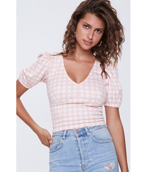Imbracaminte femei forever21 gingham puff-sleeve top ivorynude