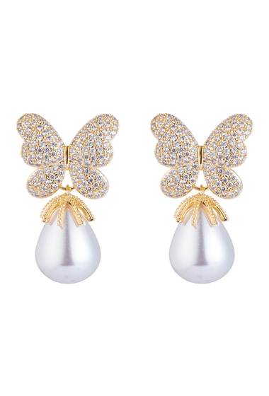 Bijuterii femei eye candy los angeles monarch butterfly pave cz imitation pearl crystal drop earring multicolor