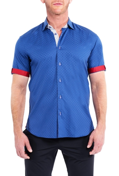 Imbracaminte barbati maceoo galileo short sleeve square print shaped fit shirt blue