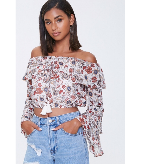 Imbracaminte femei forever21 floral print off-the-shoulder top whitemulti