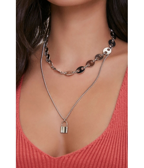 Bijuterii femei forever21 lock pendant layered necklace silver