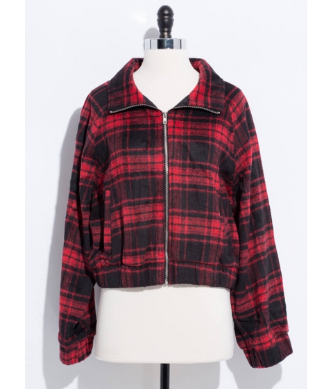 Imbracaminte femei cheapchic flannel chic plaid zip-front jacket red